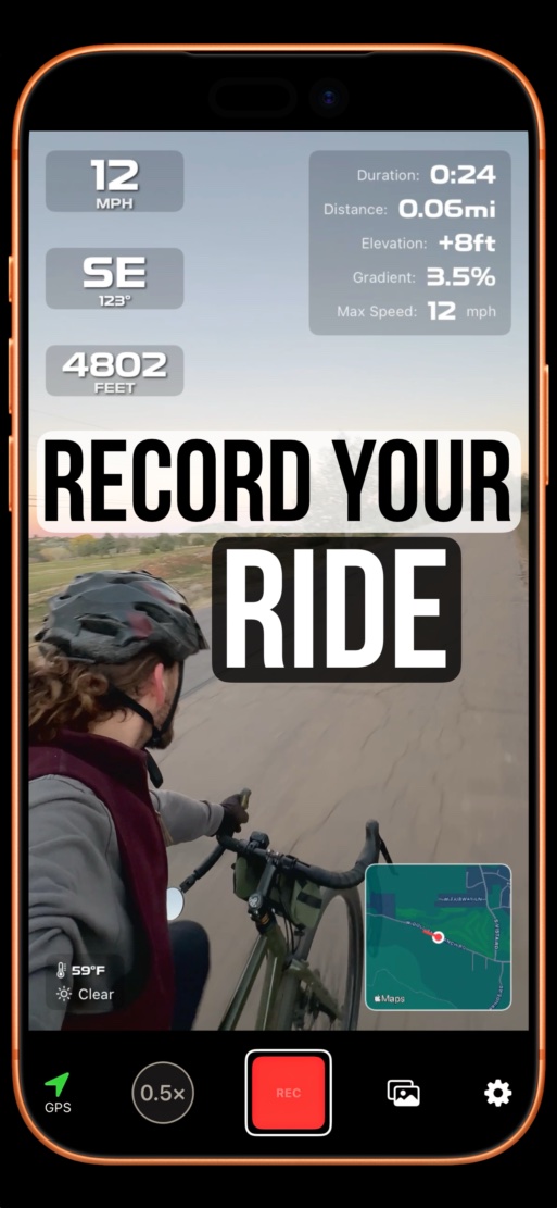 OverlayGPS app screenshot with live telemetry overlays